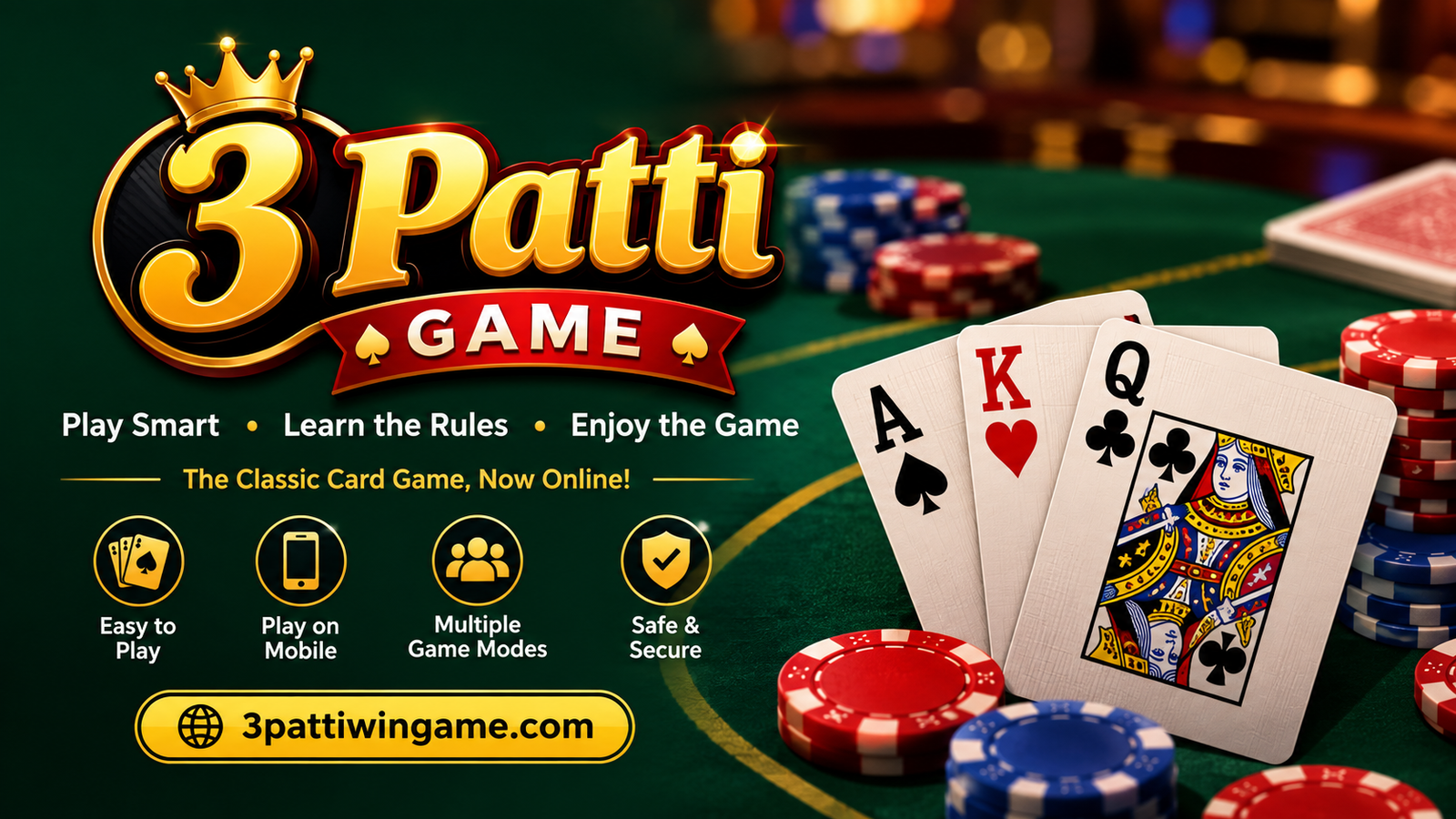 3 Patti game online banner with playing cards, poker chips, and 3pattiwingame.com branding.