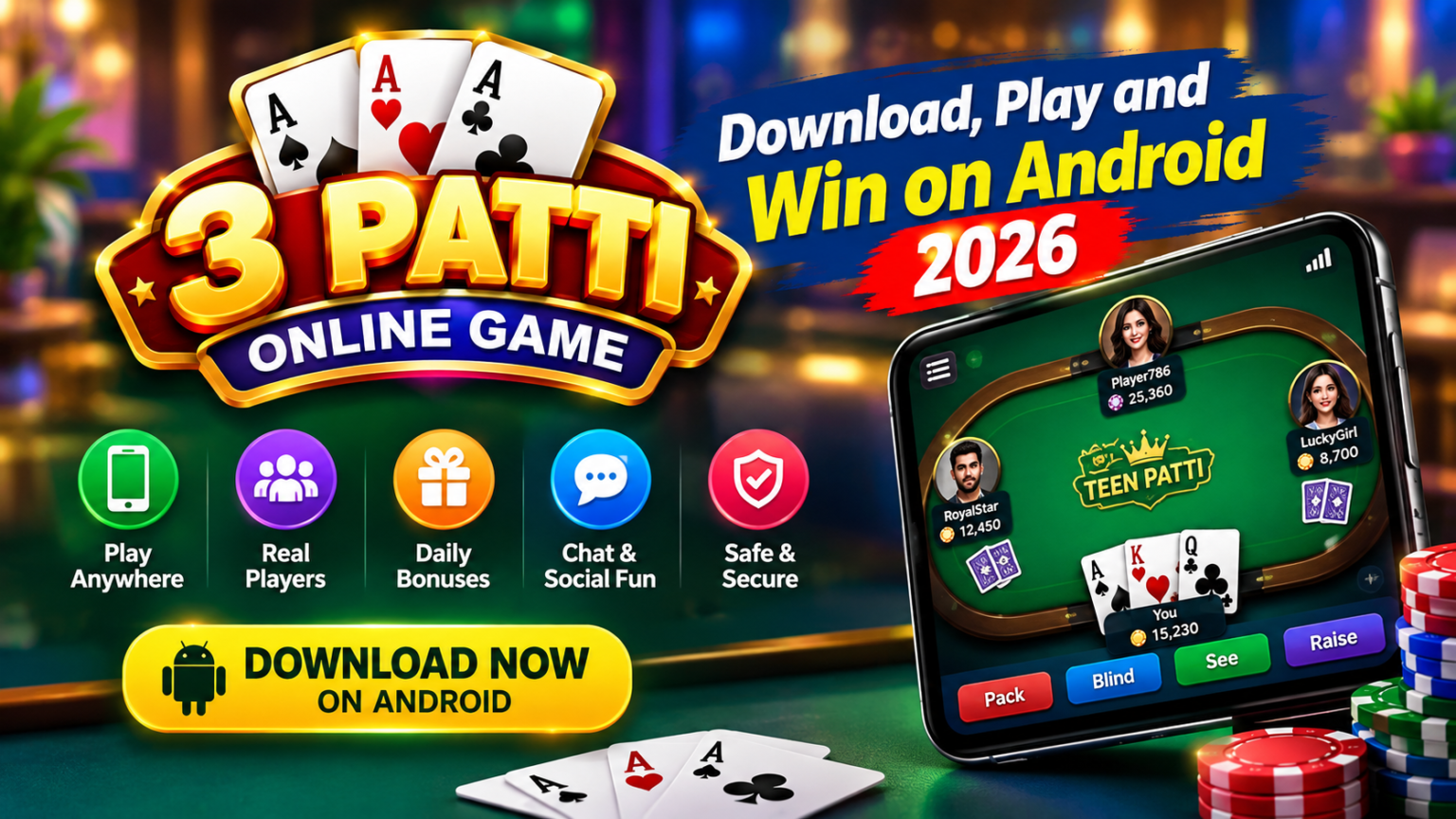 3 Patti online game download and play on Android 2026