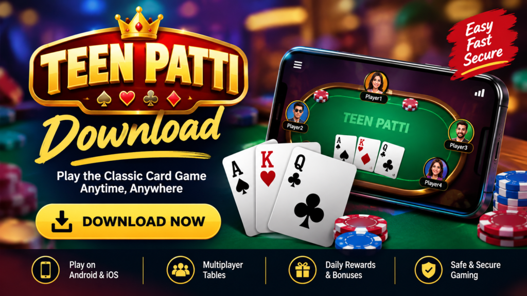 Alt text: Teen Patti Download banner featuring a mobile card game, playing cards, casino chips, and a “Download Now” button
