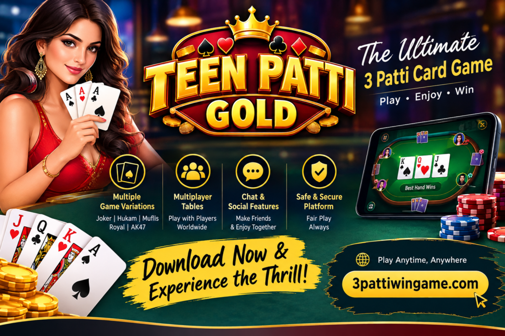Teen Patti Gold promotional banner featuring a three-card game, gold logo, playing cards, mobile gaming table, multiplayer features, and 3pattiwingame.com.